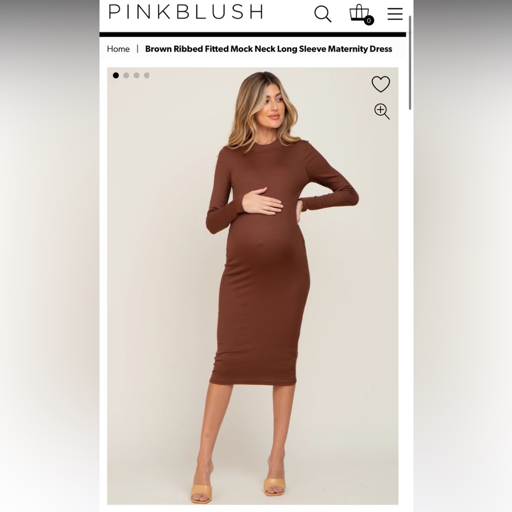 Pinkblush Brown Ribbed Fitted Mock Neck Long Sleeve Maternity Dress (Small)